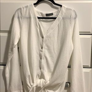 Women’s white waffle knit front tie long sleeve